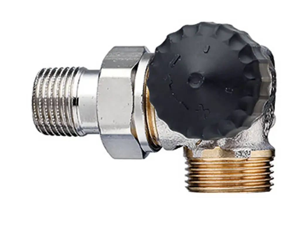 Thermostatventilunterteil mit einem schwarzen Einstellknopf, verchromtem Gehäuse und einem gewinkelten Anschluss für Außengewinde von IMI Hydronic Engineering.